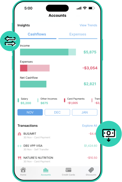 Dobin app view of all a consolidated summary of your bank accounts and credit card balances.