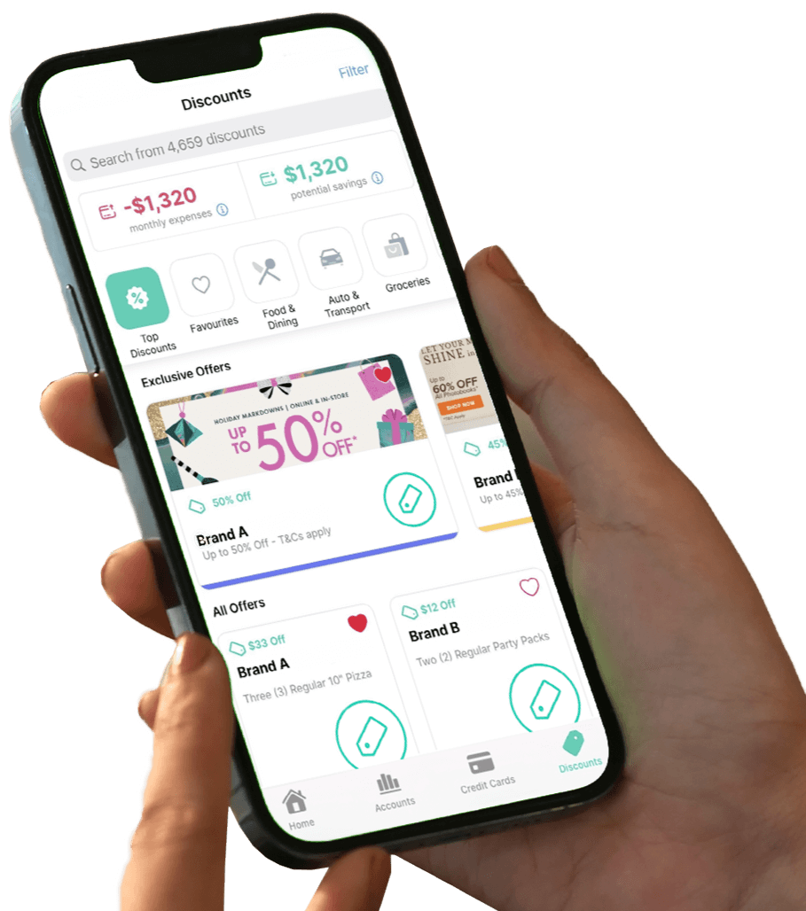 Dobin app view of a user's average monthly spend, potential savings, and a list of discounts curated to the user's purchasing habits.