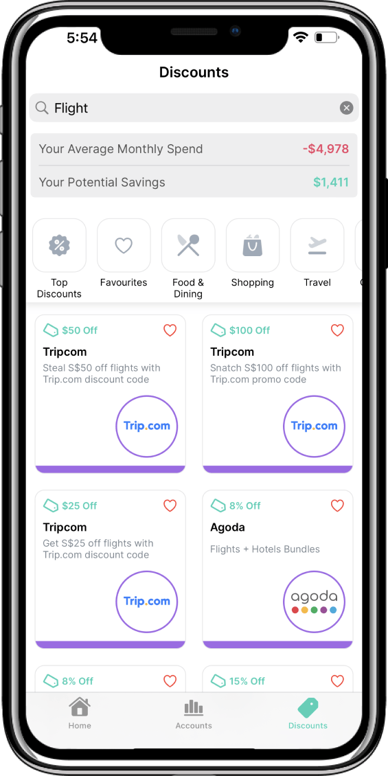 Dobin app discounts tab flight in search bar