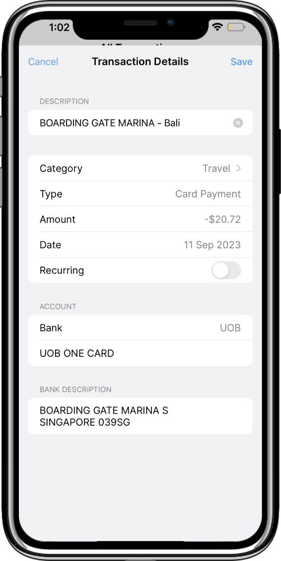 Dobin transaction details with bali and travel category